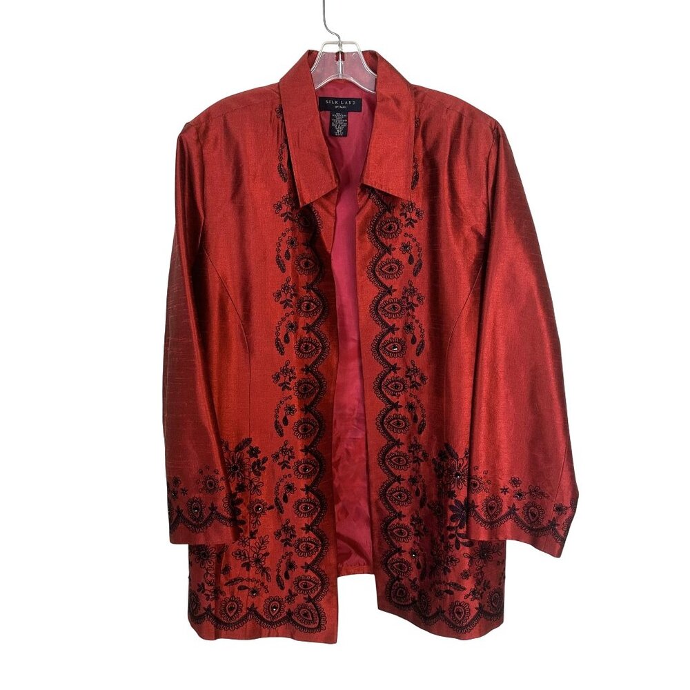 Silk Land Womens Red Embroidered Jacket Open Front XL 18 Eveningwear Vtg Holiday